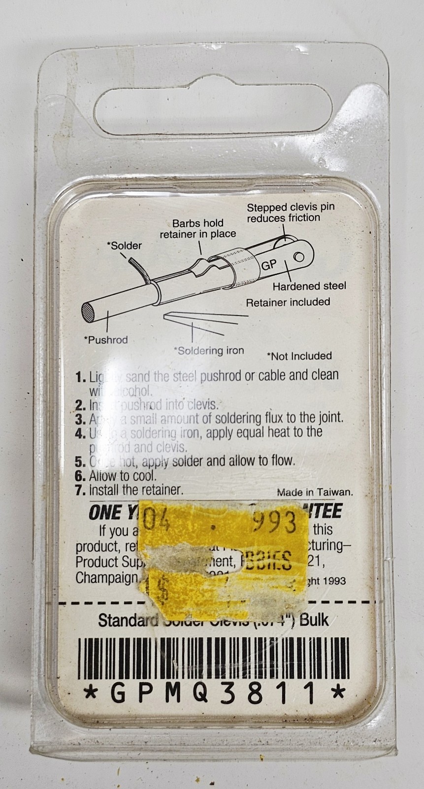 Great Planes Standard Solder Clevis GPMQ3811 .074 Wire 12pc NOS RC Airplane