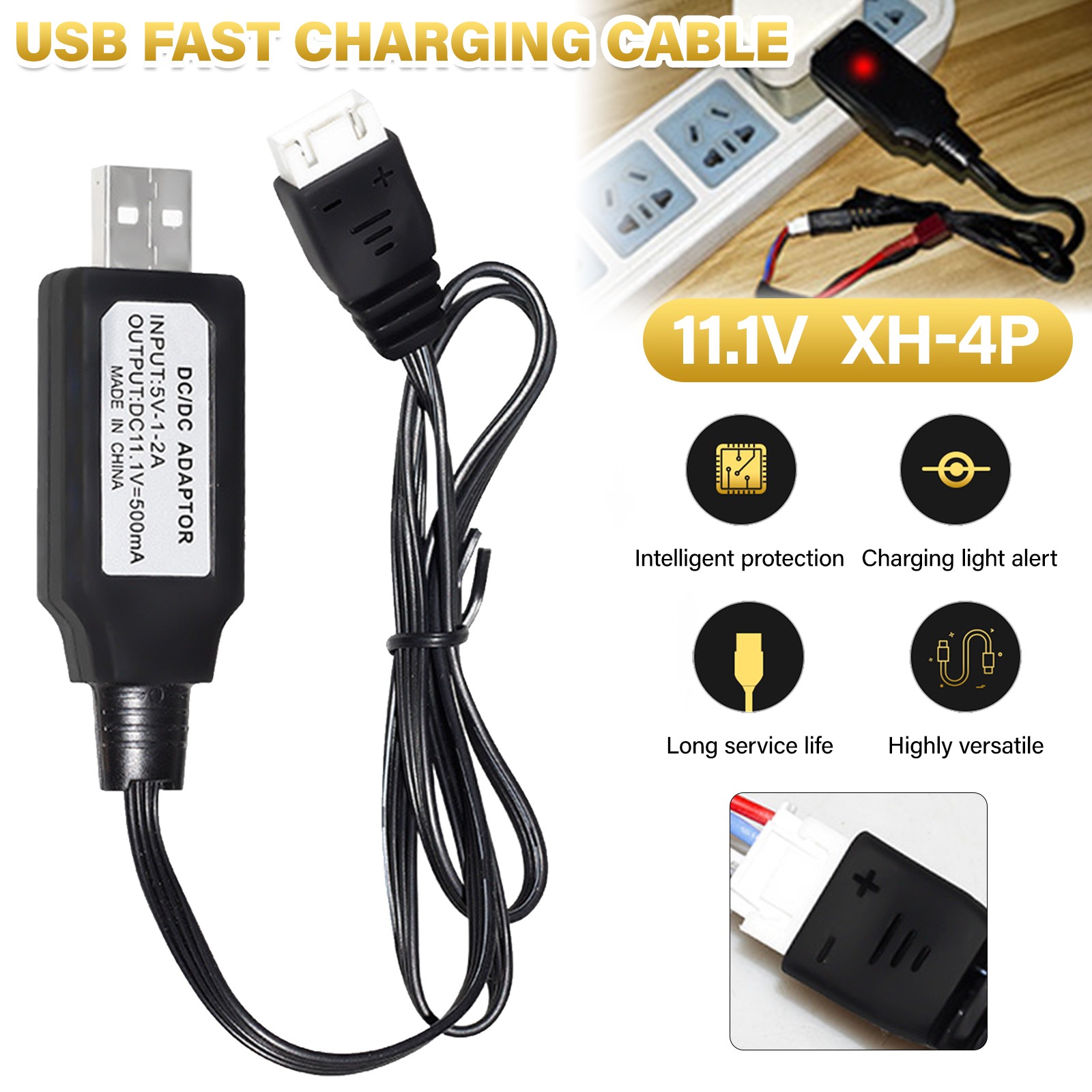 3S 11.1V 500mA 4P Female USB Universal Lipo Battery Charger Cable For RC Car