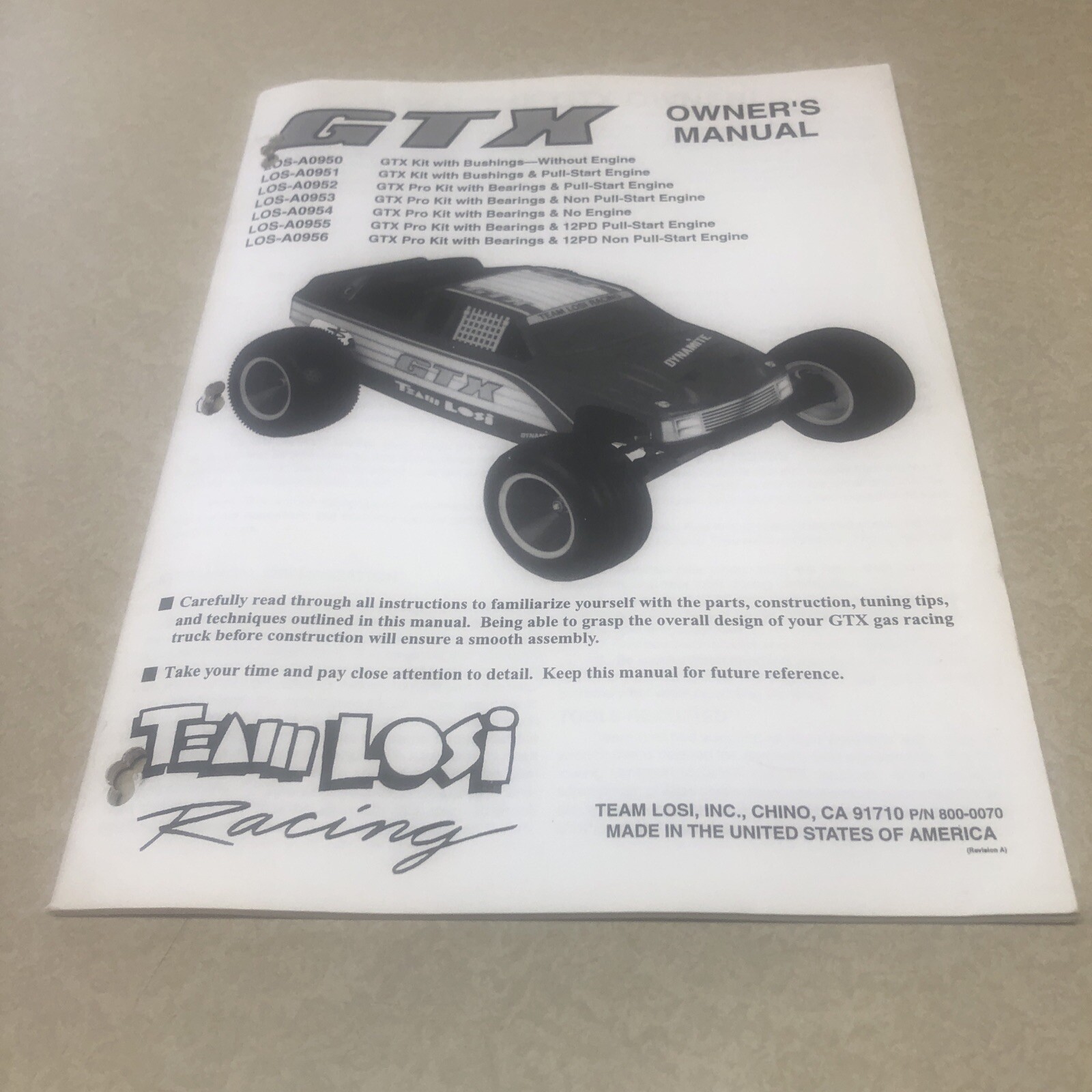 Team Losi Racing GTX Owners Manual Rare Vintage!!