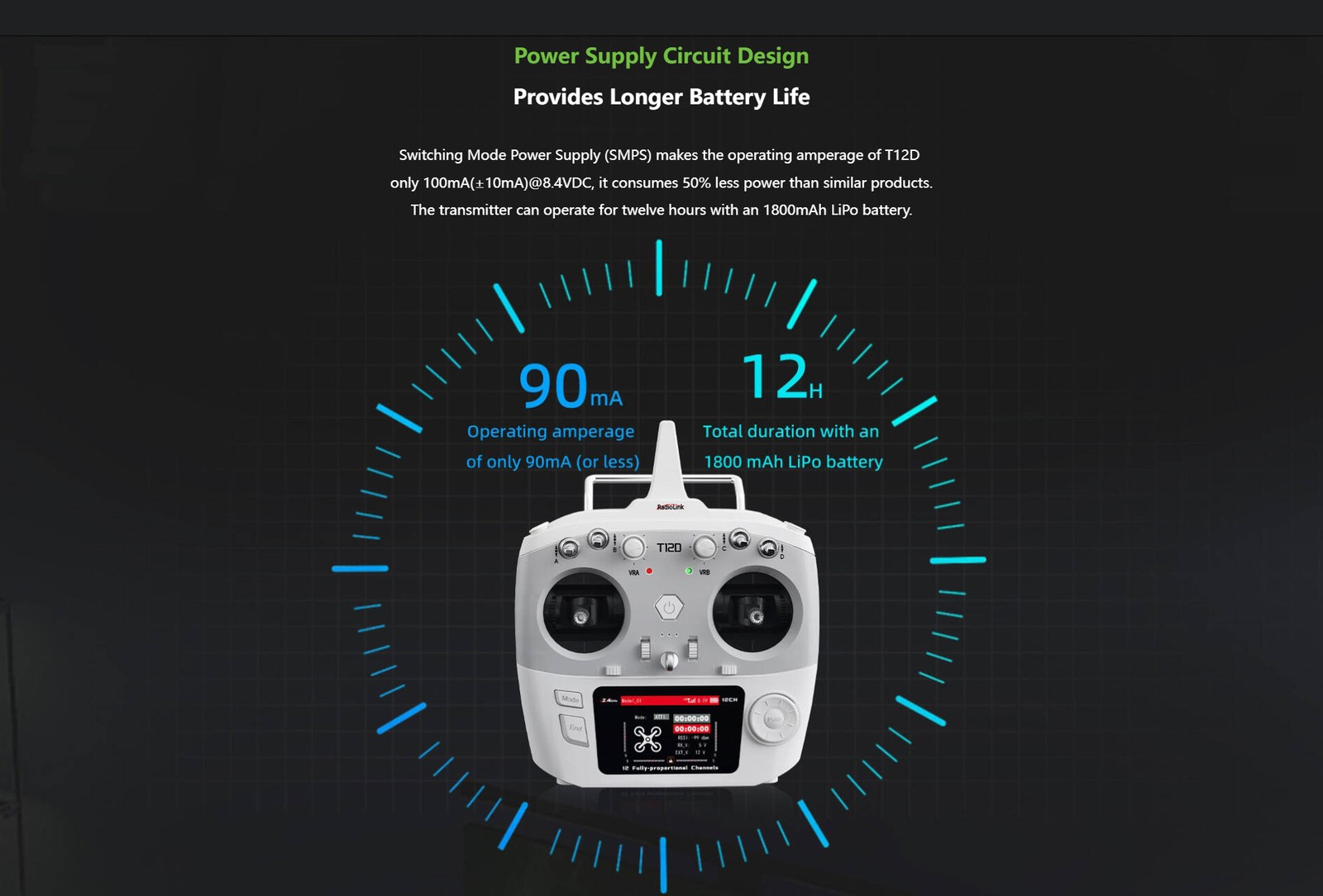 RadioLink T12D 12 Fully-proportional Channels Transmitter with R12F receive