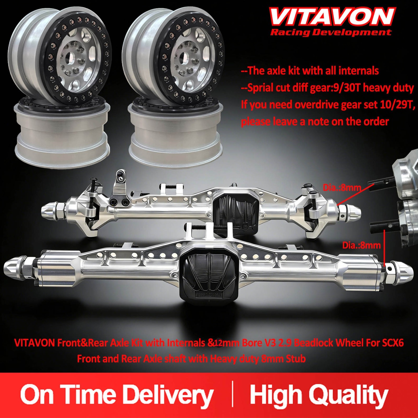 VITAVON F&R Axle Kit with Internals & 12mm Bore V3 2.9 Beadlock Wheel For SCX6