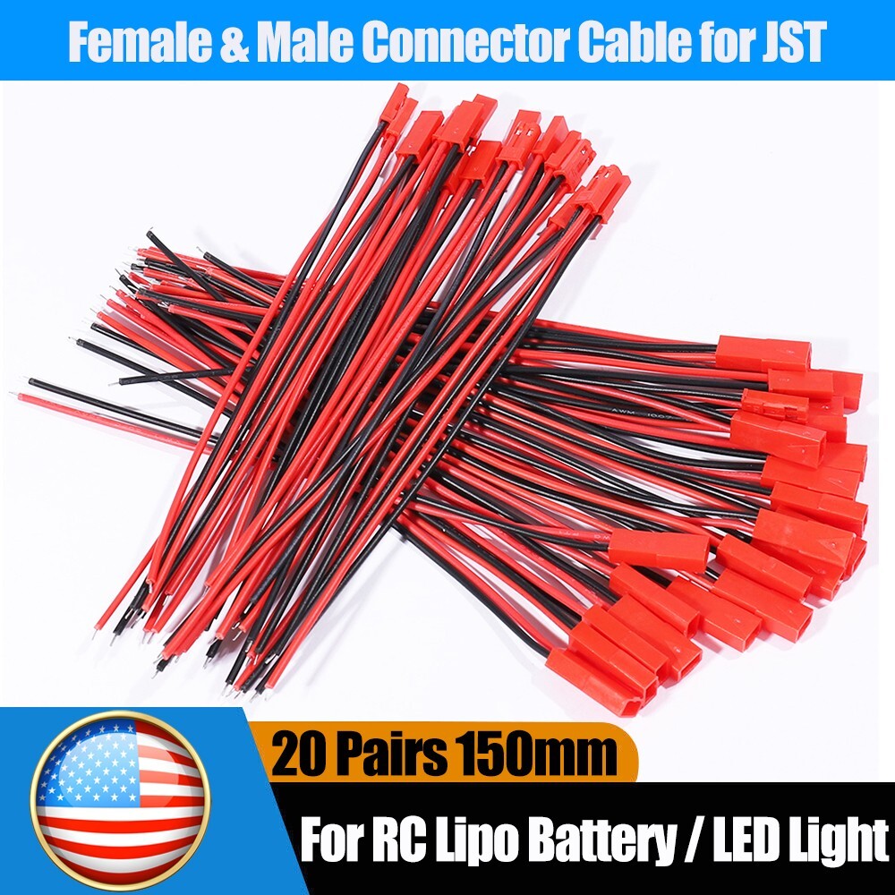 20set Cable Wire for JST Plug Male Female Connector RC Lipo Battery 1.25PH 2-Pin