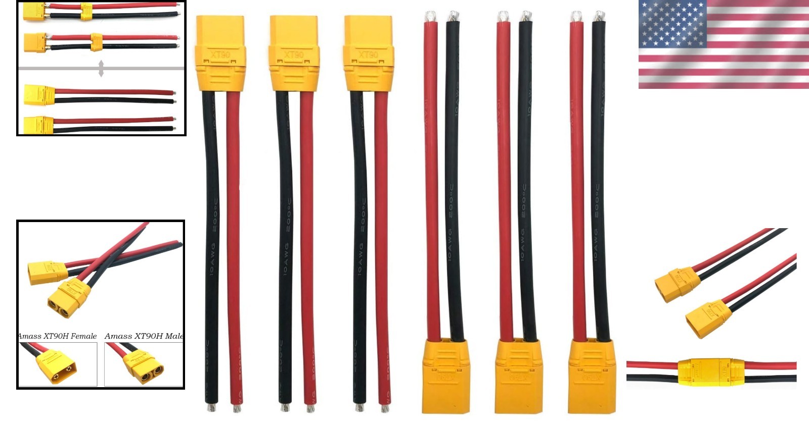 3 Set XT90 Power Connectors with 150mm Silicone Wire for RC Lipo Battery Systems