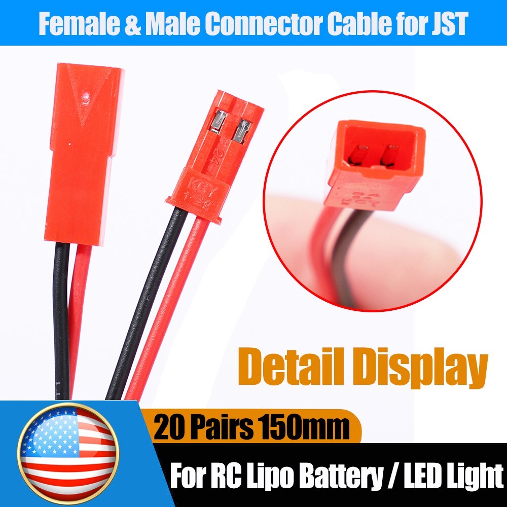 20set Cable Wire for JST Plug Male Female Connector RC Lipo Battery 1.25PH 2-Pin