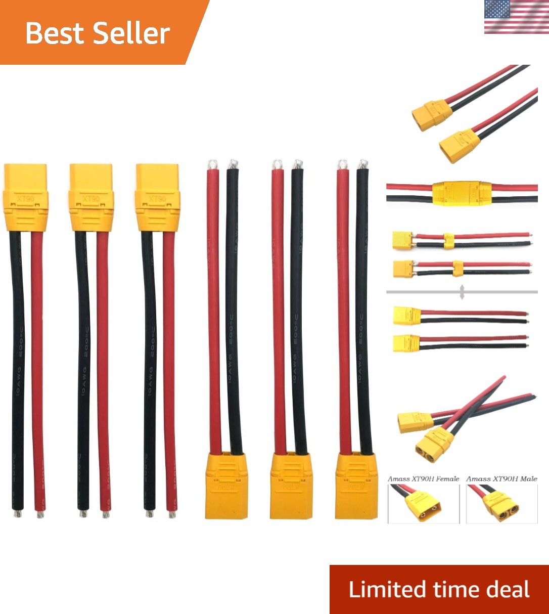 Reliable XT90 Male & Female Connectors with 150mm 10AWG Wire for RC Applications