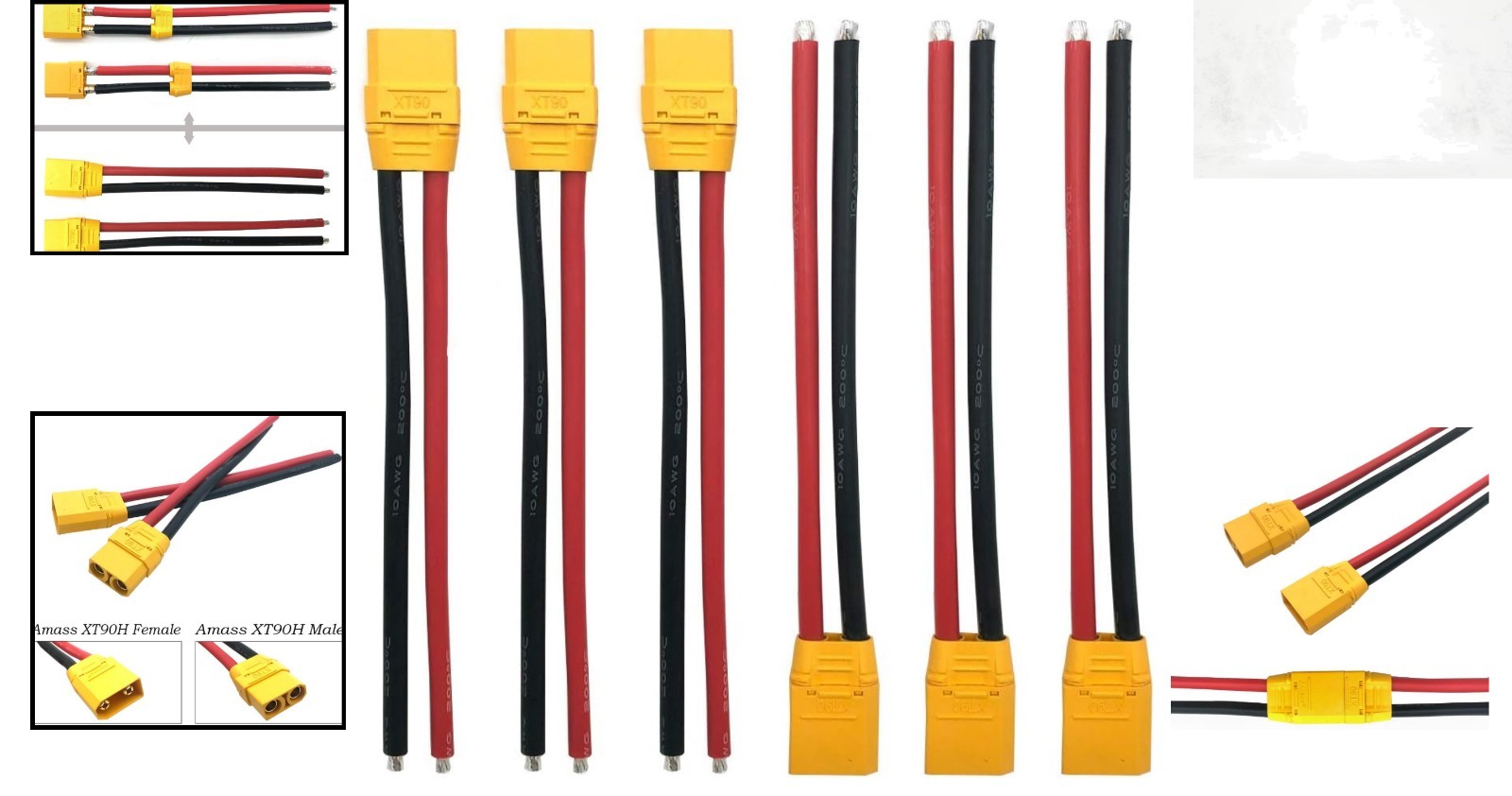Amass XT90H XT90 Connectors with 150mm 10AWG Silicon Wire 3 Pairs for RC Dron…
