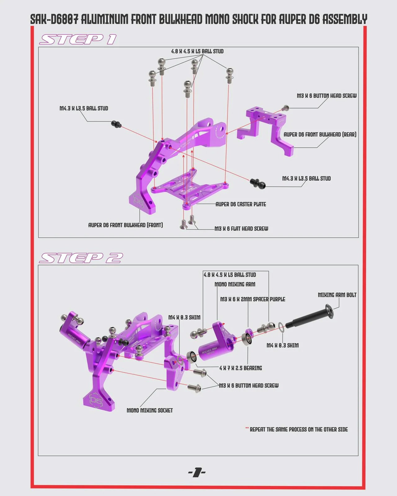 3RACING SAK-D6807 ALLOY FRONT MONO SHOCK BULKHEAD FOR 1/10 AUPER D6S DRIFT CAR