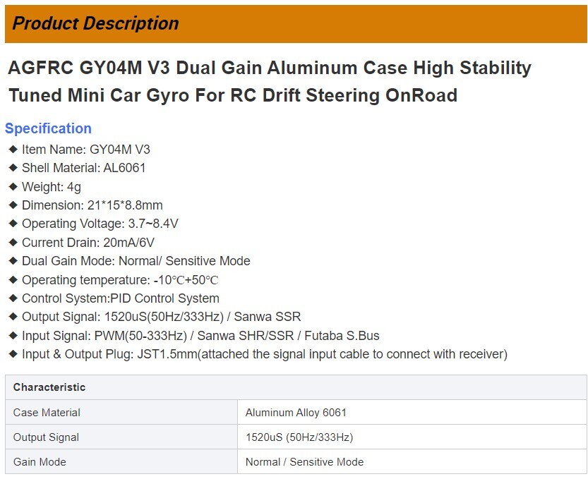 AGFRC GY04M Drift/Racing Gyro for Mini RC Cars Mini Z