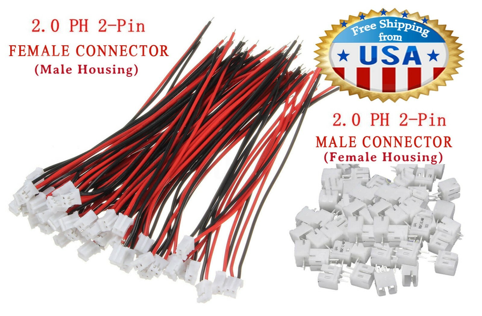 10 pairs Mini Micro JST PH 2.0mm 2Pin, 10 FEMALE W. Cable & 10 MALE Connector.