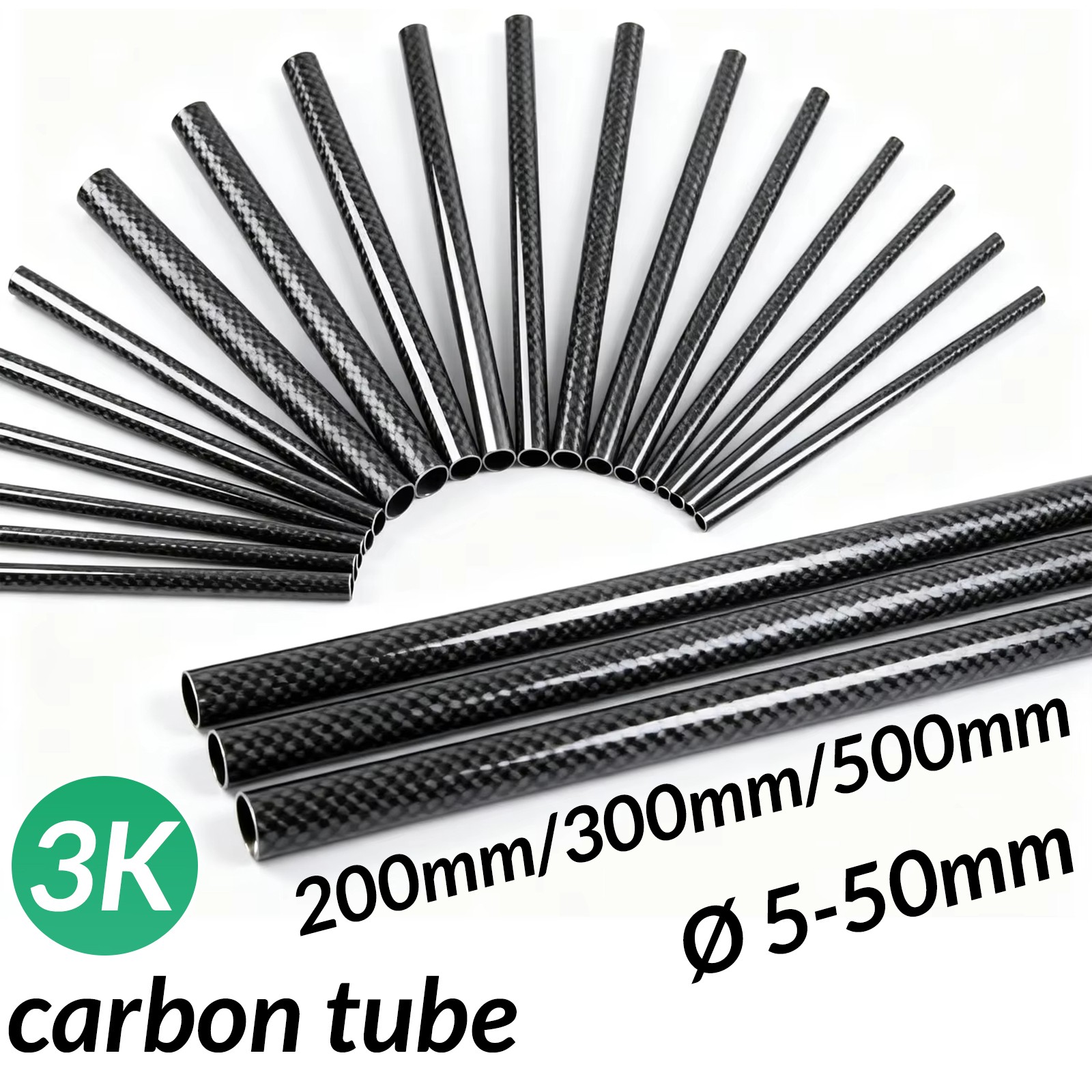 3K Carbon Fiber Tube Glossy Twill 200/300/500 mm OD 5‑50 mm Roll Wrapped