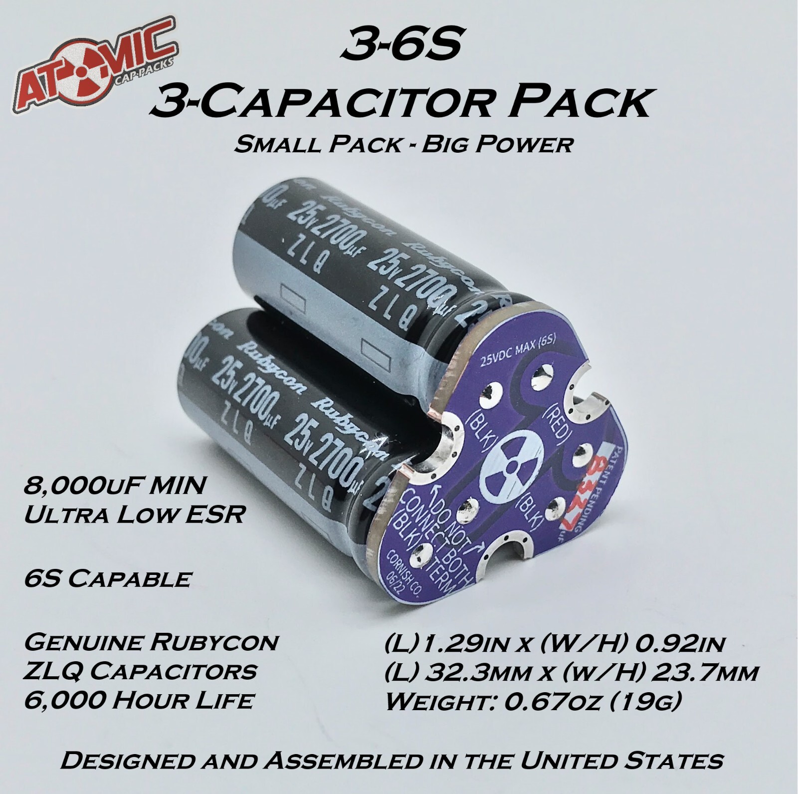 ATOMIC Compact ESC Cap Pack 3-6S / 8,000uF Minimum / 25V / 6S Capable / USA