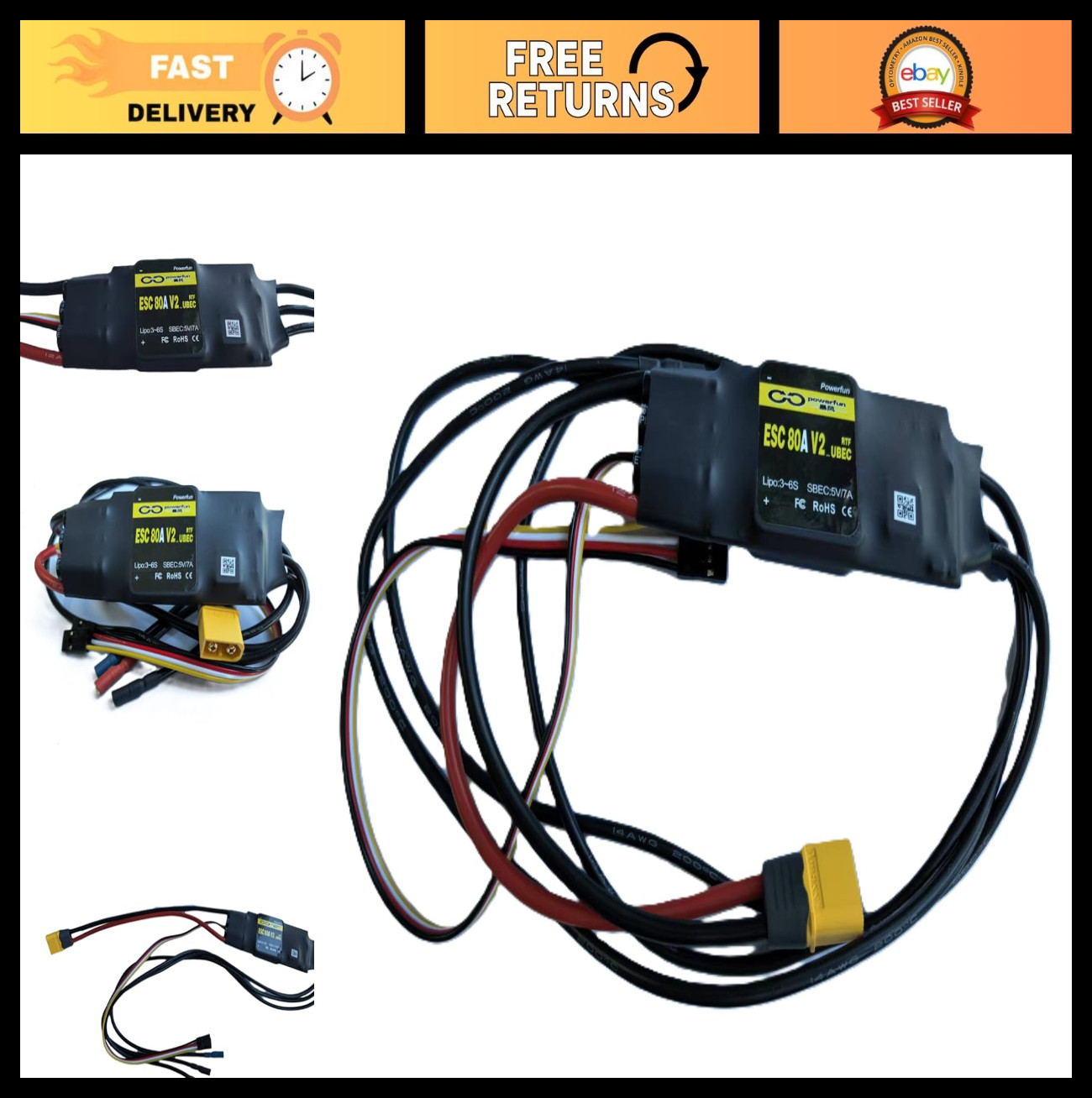 80A Brushless ESC for RC Plane Drone Car – 3S-6S LiPo Speed Controller, XT60, BE