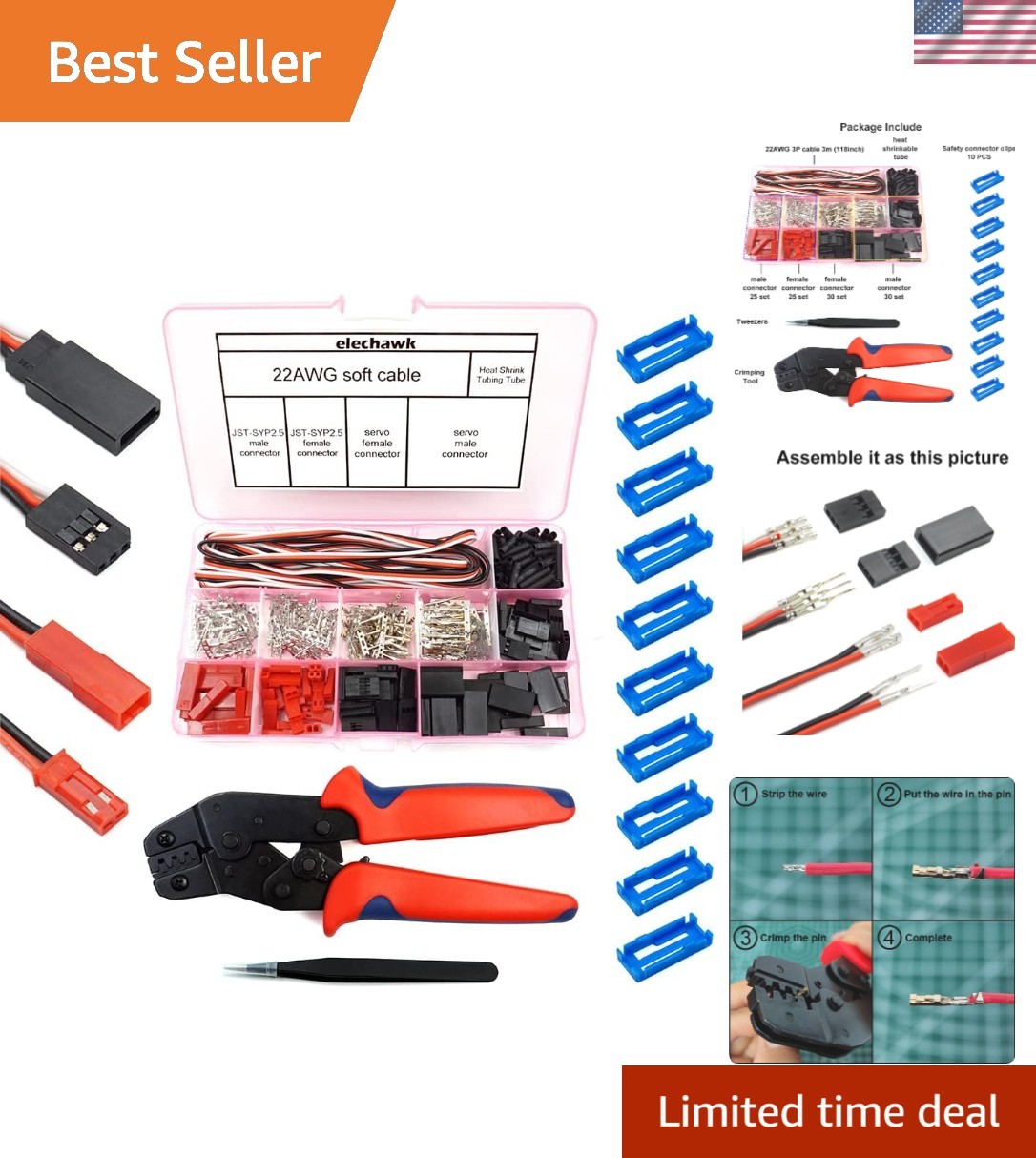 Effortless 55 Set RC Connector Kit with Ergonomic Crimping Tool for Easy Repairs