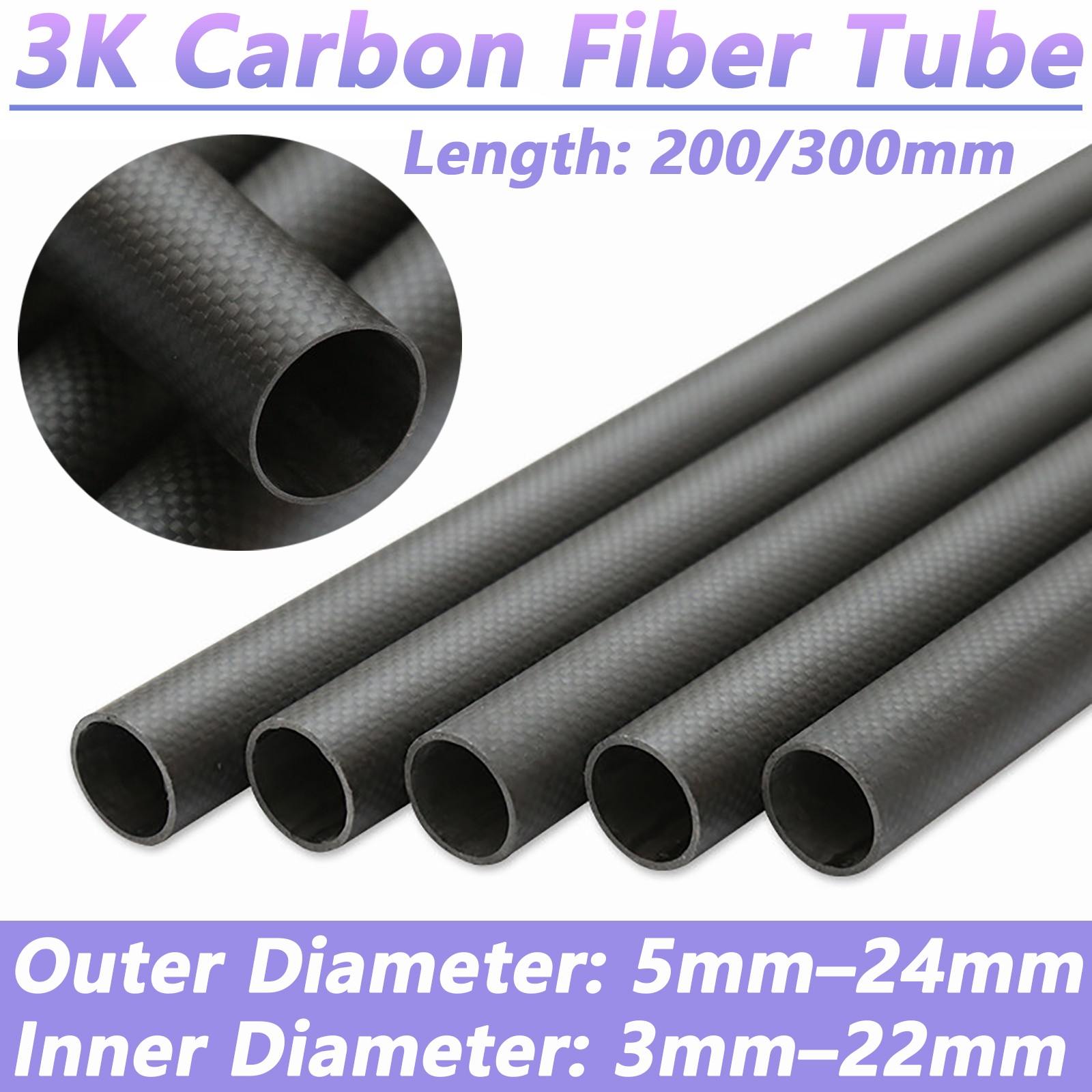 3K Carbon Fiber Tube Matte Plain Weave 200/300mm Length OD 5mm-24mm Black Tube