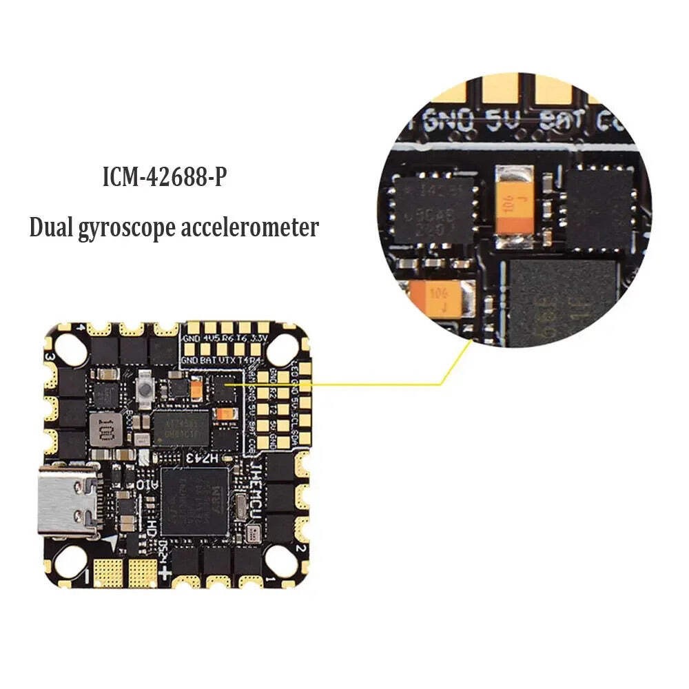 JHEMCU GH743AIO-HD 50A AIO Flight Controller 50A ESC Dual Gyros ICM-42688