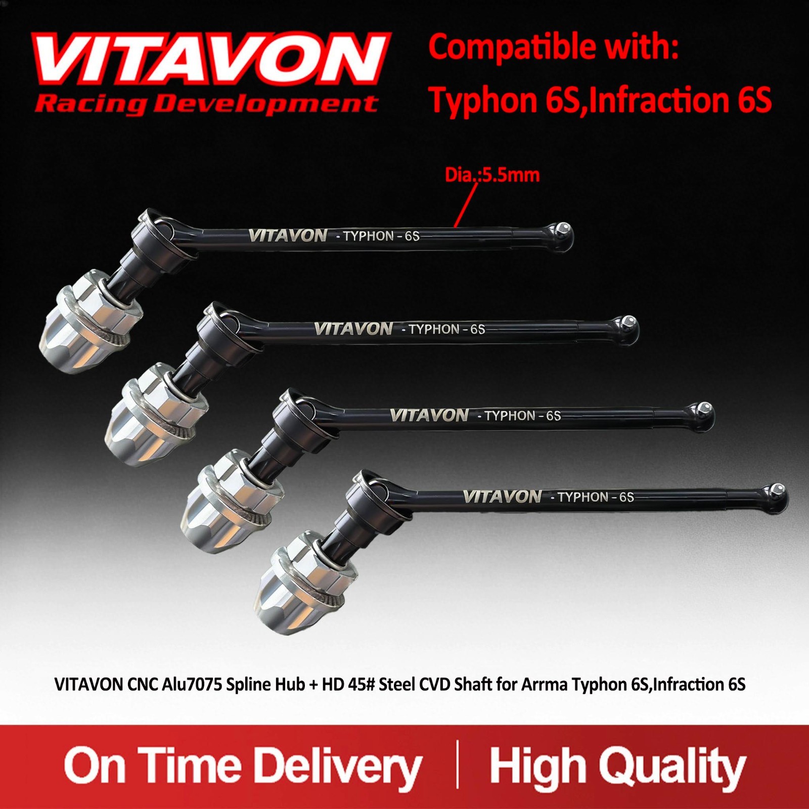 VITAVON CNC Alu7075 Spline Hub + HD 45# Steel CVD Shaft for Arrma Typhon 6S