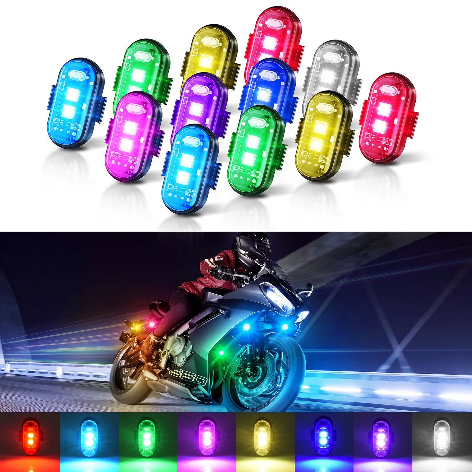 12Pods Wireless RGB Strobe Lights USB Rechargeable Remote Bike/ATV Motor Lights