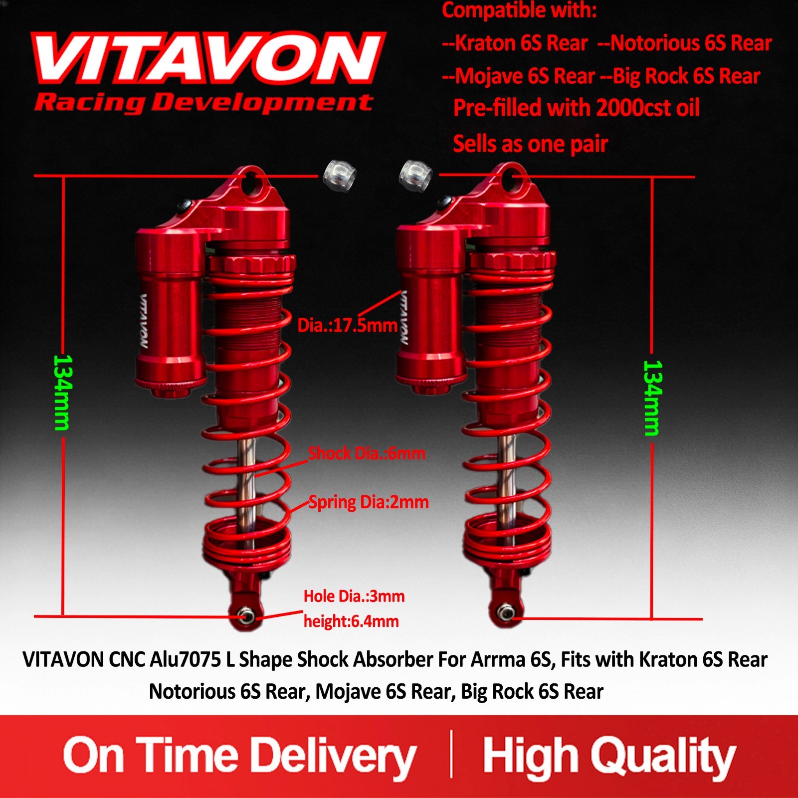 VITAVON 134mm L Shock Absorber Fits with Kraton 6S Rear, Big Rock 6S Rear