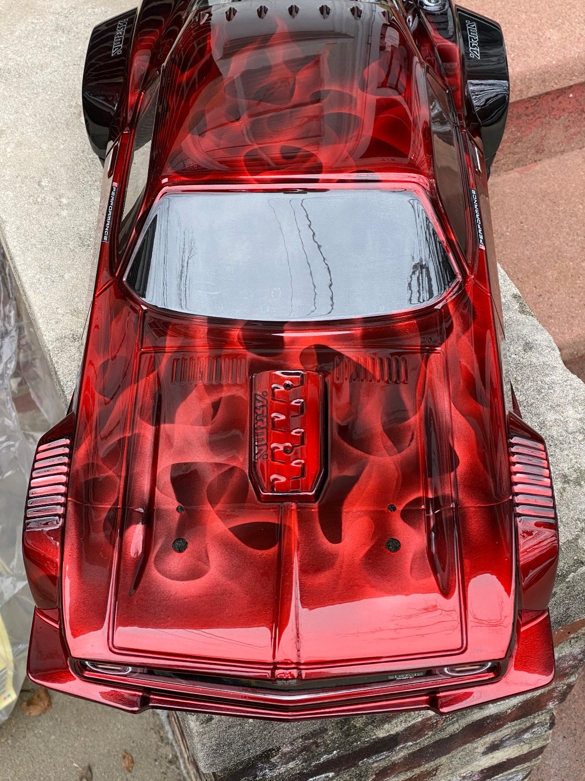 CUSTOM PAINTED RC BODY, ARRMA FELONY 1/7 SCALE, CANDY RED CHROME FLAMES