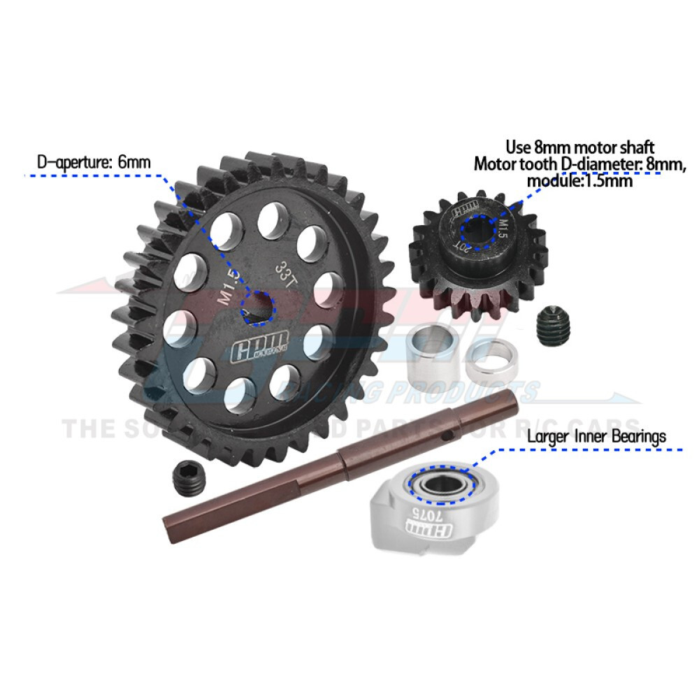 20/33T Spur/Pinion Gear Set MOD 1.5 – 8mm D-Bore (w/ Bearings & Input Shaft)