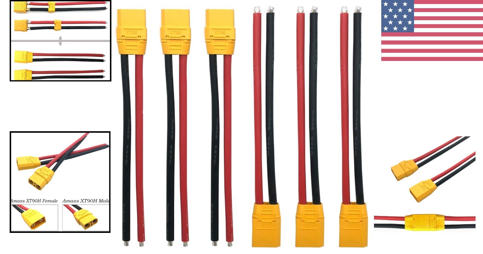 3 Pairs Amass XT90H Connectors with 150mm 10AWG Silicon Wire for RC Drones