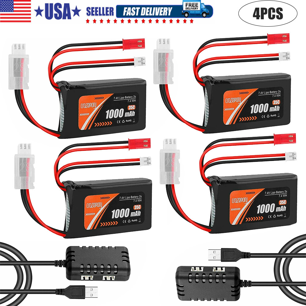 4Pcs 2S 1000mAh 7.4V Lipo Battery SCX24 Batteries 35C PH2.0 & JST Plug w/Charger