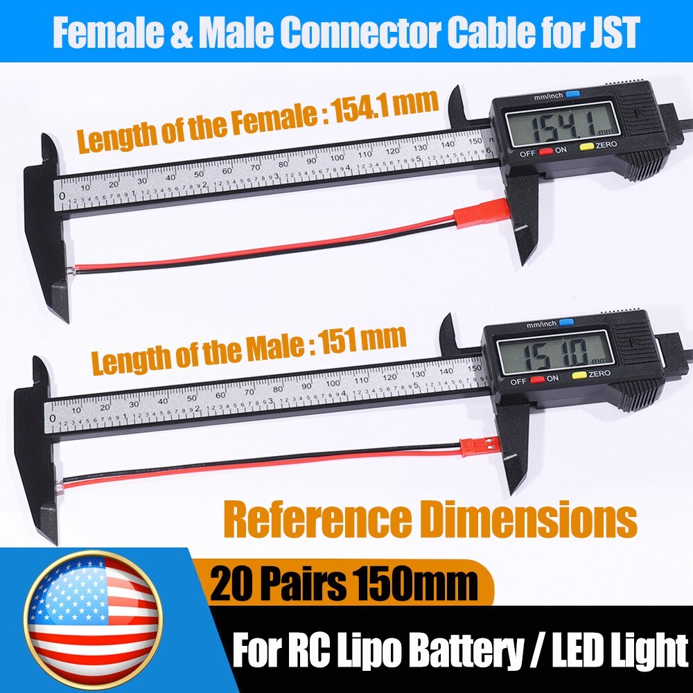 20set Cable Wire for JST Plug Male Female Connector RC Lipo Battery 1.25PH 2-Pin