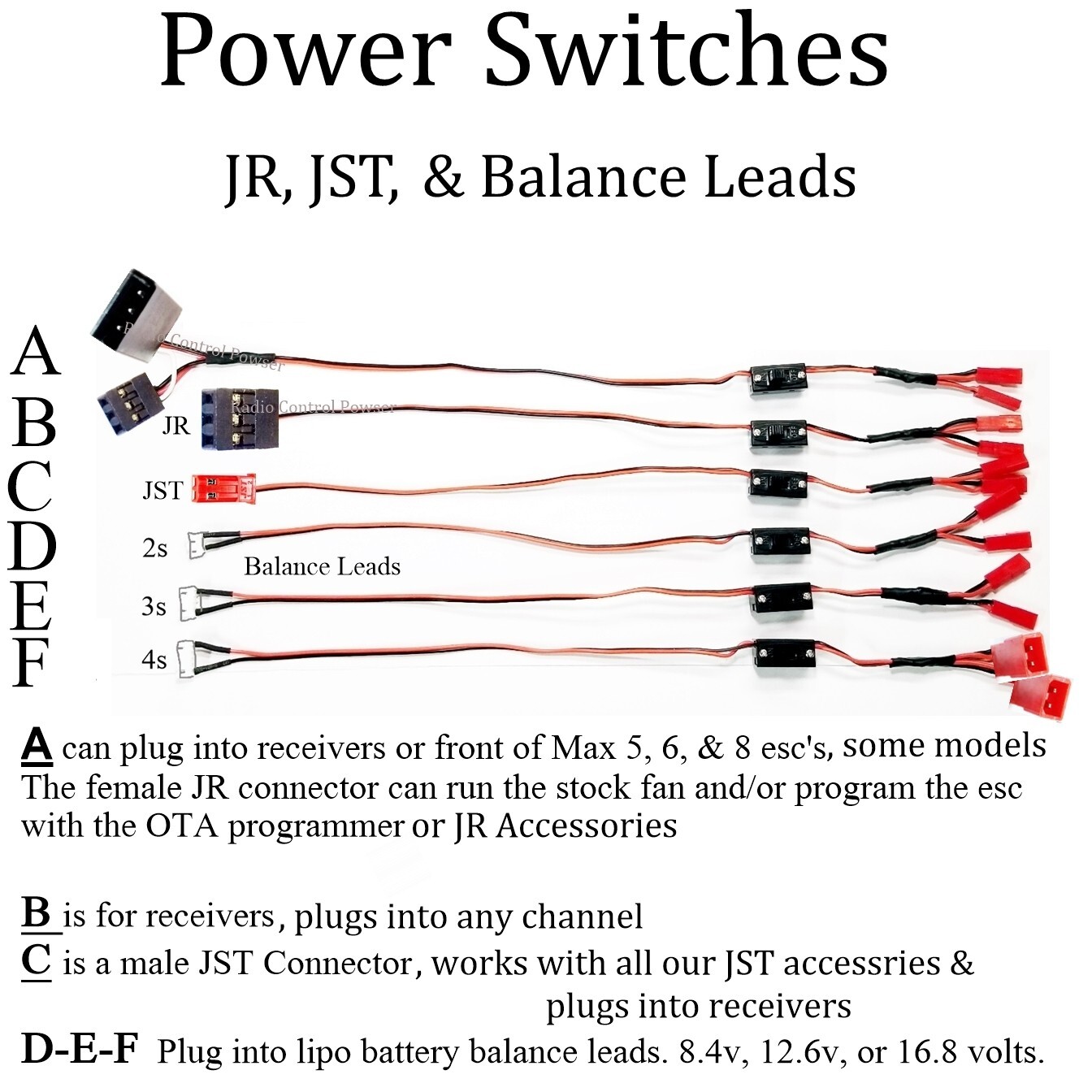 RCP-JRJST On & Off Switch Options JR/JST/Lipo Battery Balance Leads (2)pcs
