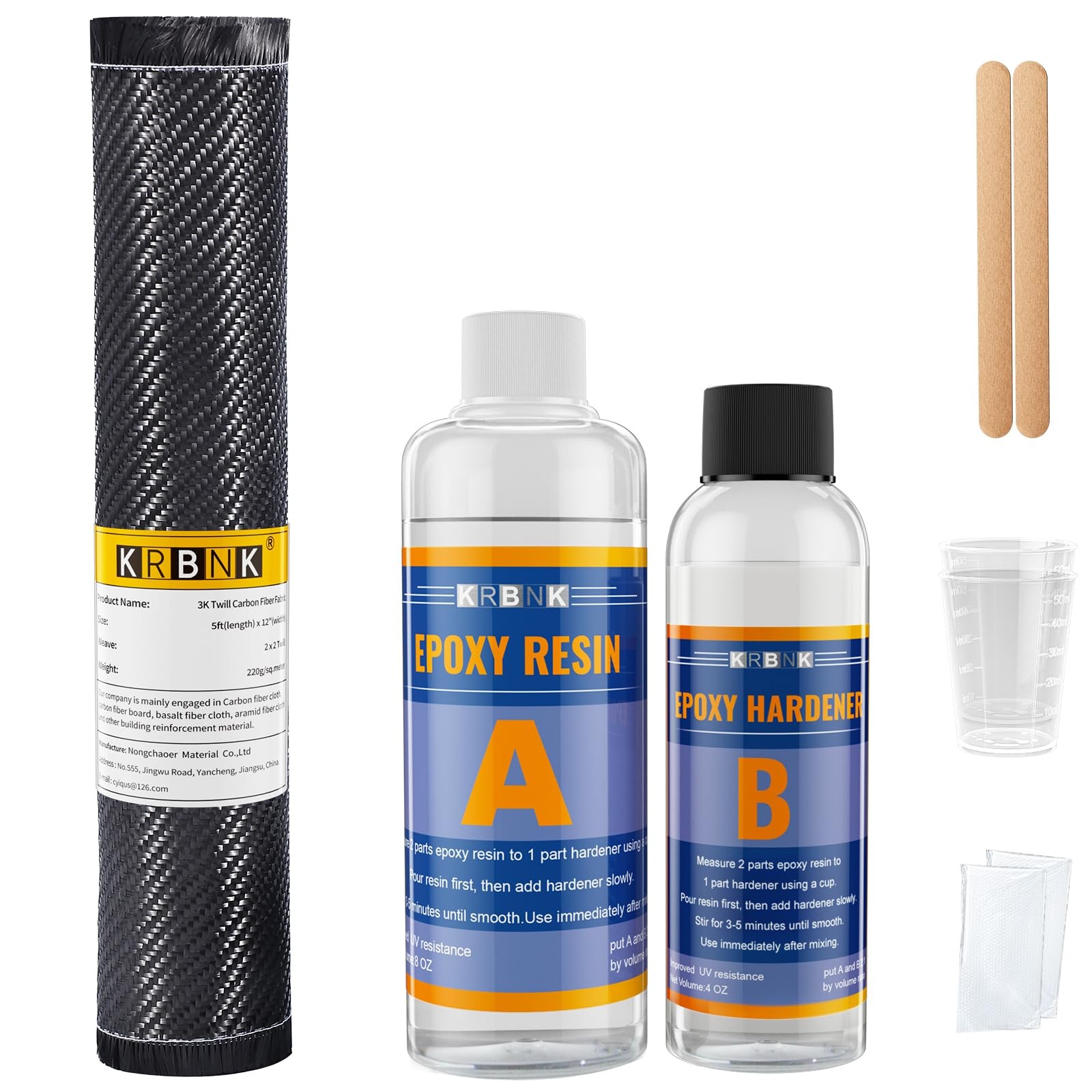Krbnk 5FT Carbon Fiber Cloth + Epoxy Resin, + Resin