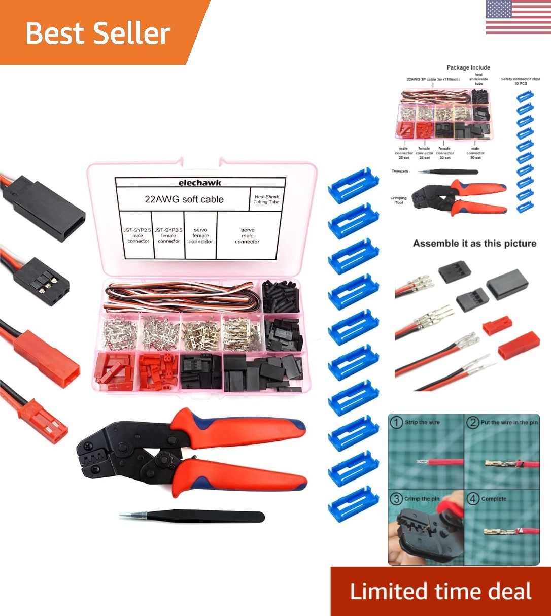 Comprehensive RC Servo Connector Kit: 55 Sets & Ergonomic Crimp Tool Included