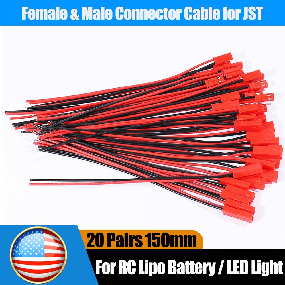 20set Cable Wire for JST Plug Male Female Connector RC Lipo Battery 1.25PH 2-Pin