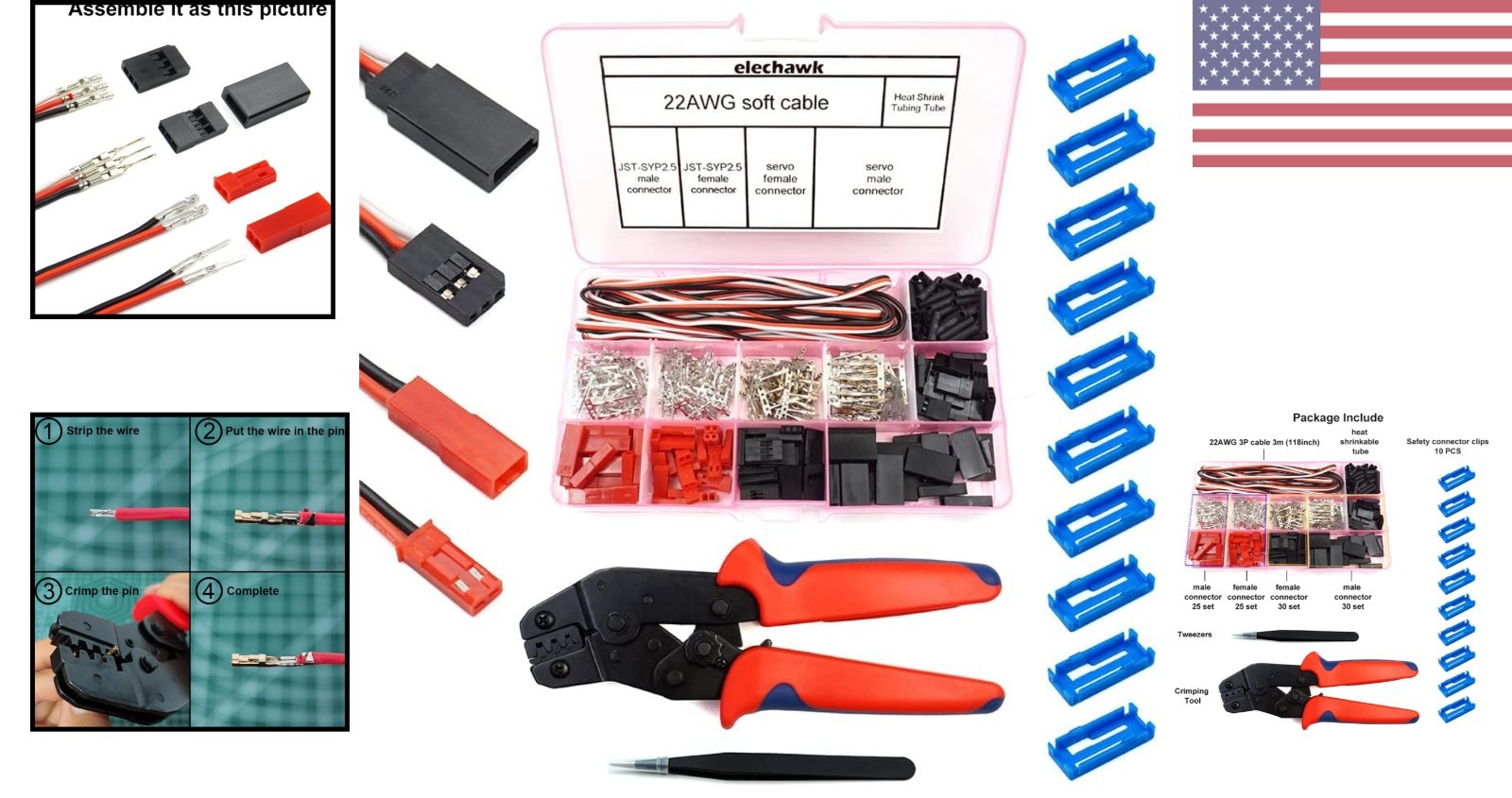 Comprehensive RC Servo Connector Kit: 55 Sets & Ergonomic Crimp Tool Included