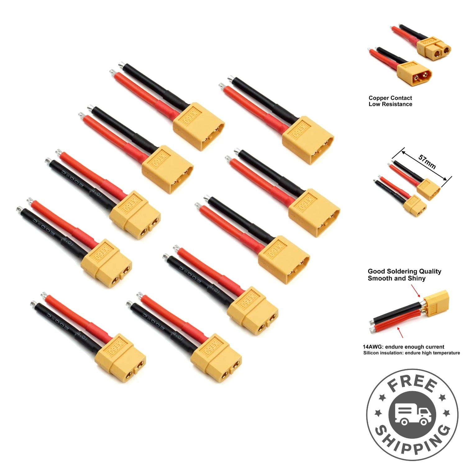 Reliable XT60 Male & Female Connectors with 14AWG Wire for RC Drone Batteries