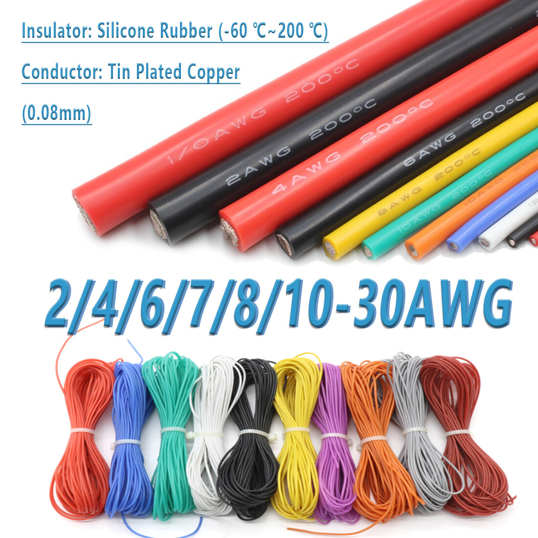 Flexible Soft Silicone Wire Cable Copper 2/4/6/7/8/10-30AWG 0.08mm Tinned Copper