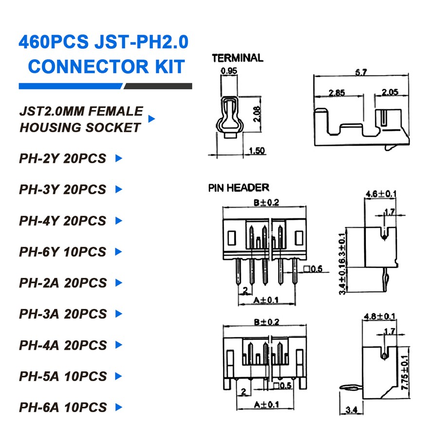460Pcs 2.54mm JST-XH Connector Kit with 2.0mm Female Pin Header and 2/3/4/5/6