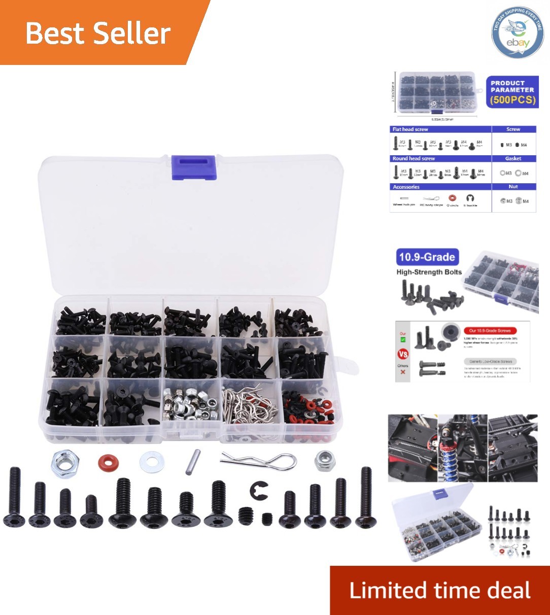 Comprehensive 500pcs M4 Screws Kit for 1/8 1/10 RC Vehicles – Organized Storage