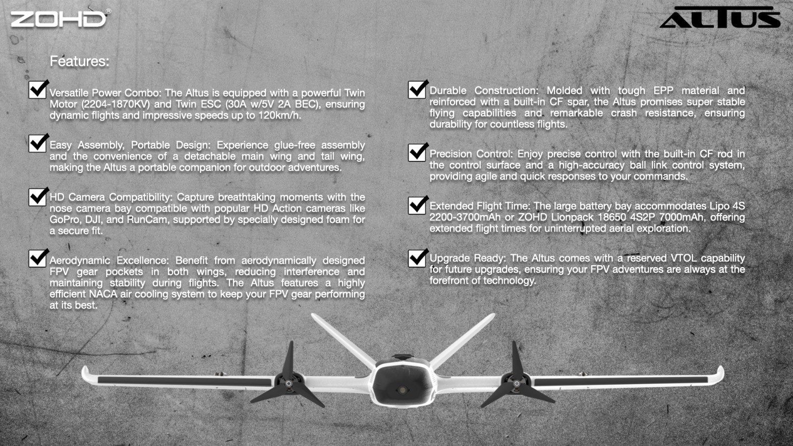 ZOHD Altus 980mm Wingspan Twin Motor V-Tail EPP FPV RC Airplane KIT