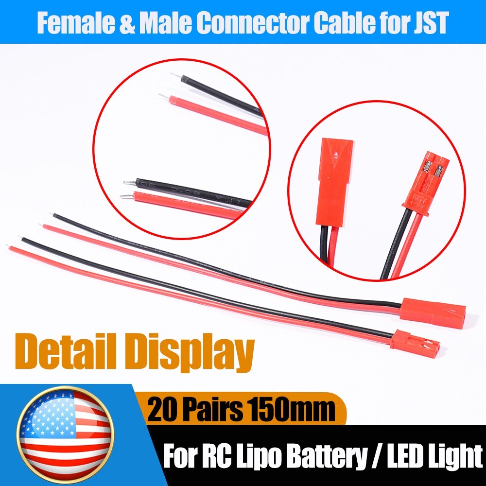 20set Cable Wire for JST Plug Male Female Connector RC Lipo Battery 1.25PH 2-Pin