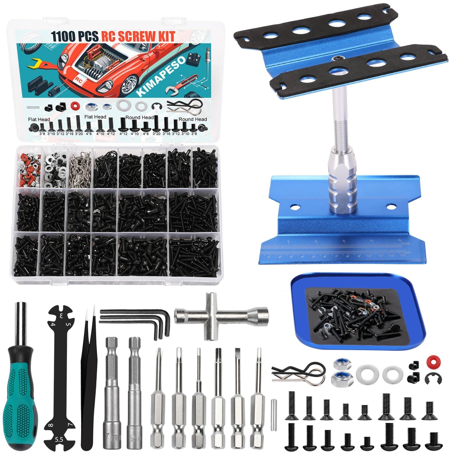 RC Car Repair Work Stand, 1100pcs RC Screw Kit and Vehicle Scale Accessories …