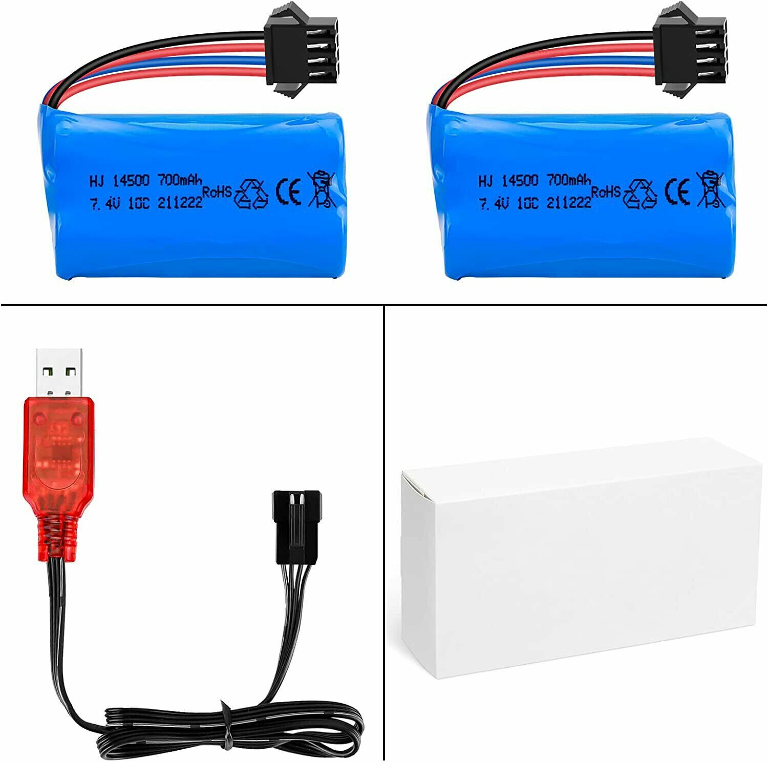 4pcs 7.4V 700Mah SM-4P Plug Li-ion Battery Pack + USB Charger for UDI902 RC Boat