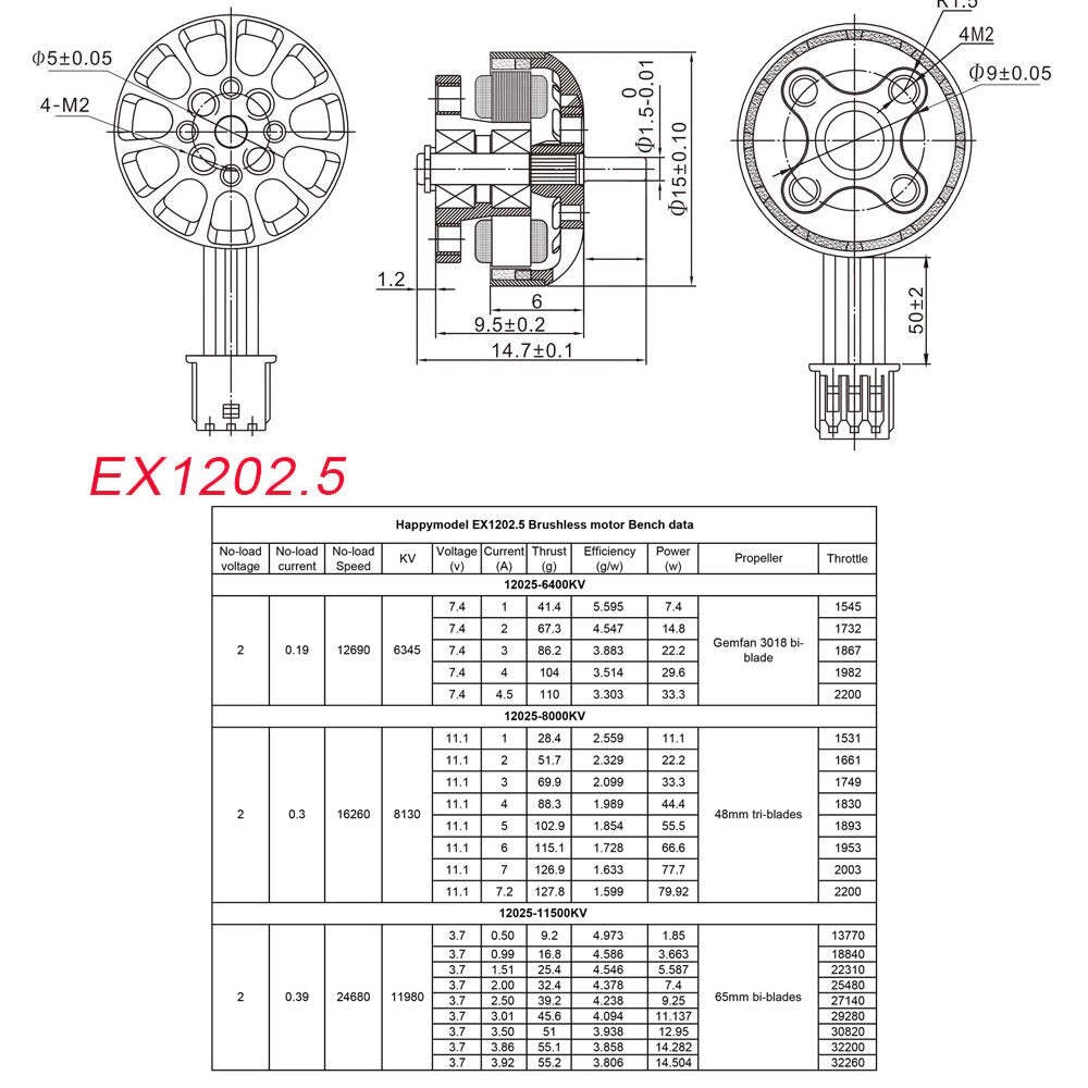 4pcs Happymodel EX1202.5 1-4S Brushless Motor 1.5mm Shaft (6400KV/8000KV) (2x CW