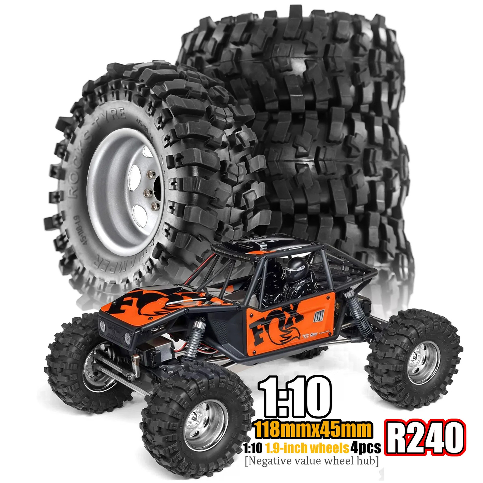 1.9” Beadlock Wheels Deep Dish Metal Negative Offset -10mm and Tires for 1/10RC