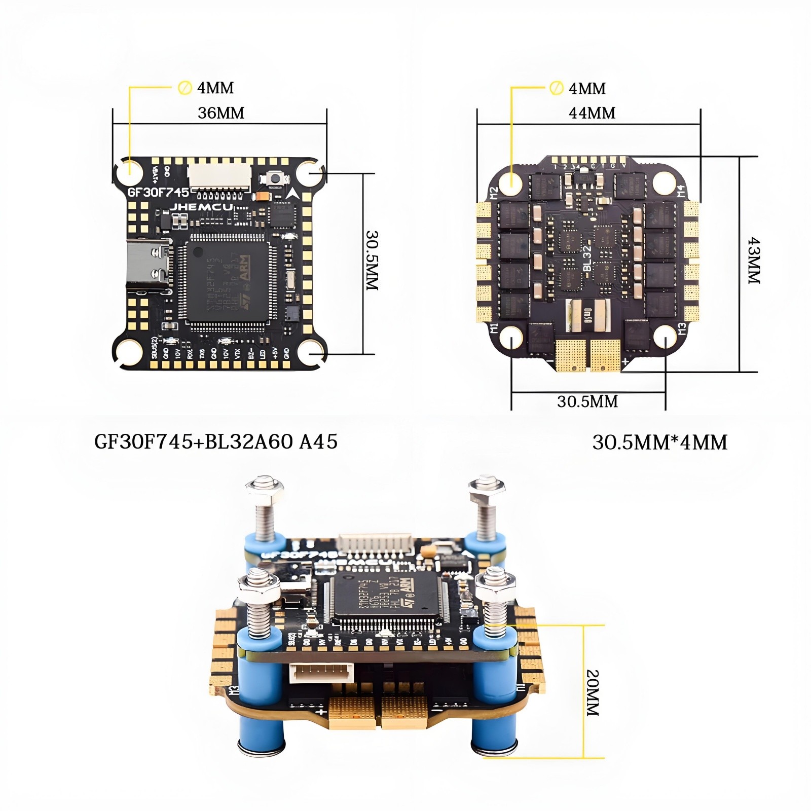 JHEMCU GF30F745 ICM Flight Controller AM32A60 60A 4in1 ESC for RC FPV Drone