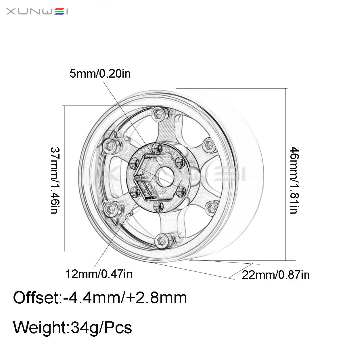 1.55 inch -4.4mm / +2.8mm Offset Wheel Rim for 1/10 AXIAL D90 TF2 MST CC01 LC70