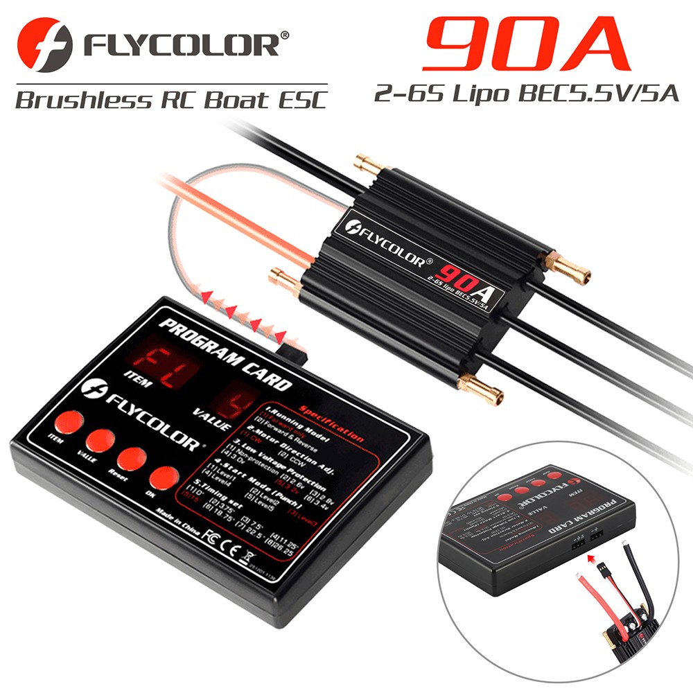 Flycolor 90A Brushless ESC +Program Card 2-6S for RC Electric Gasoline Jet Boats