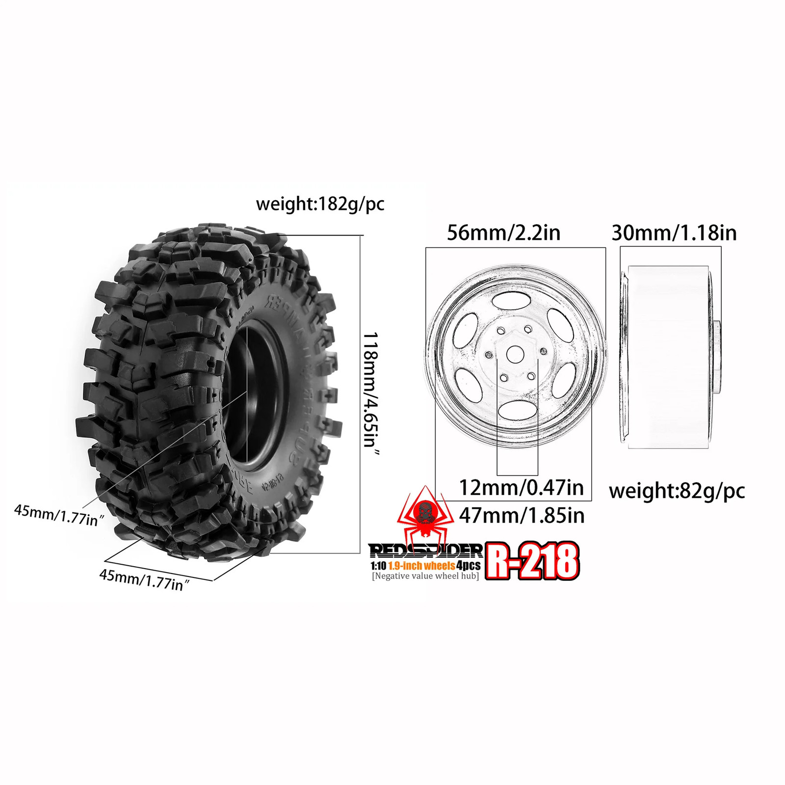 1.9” Beadlock Wheels Deep Dish Metal Negative Offset -10mm and Tires for 1/10RC