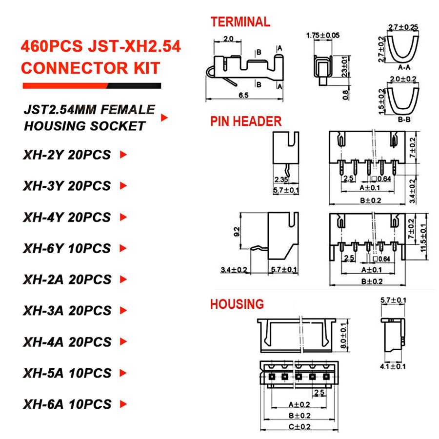 460Pcs 2.54mm JST-XH Connector Kit with 2.0mm Female Pin Header and 2/3/4/5/6