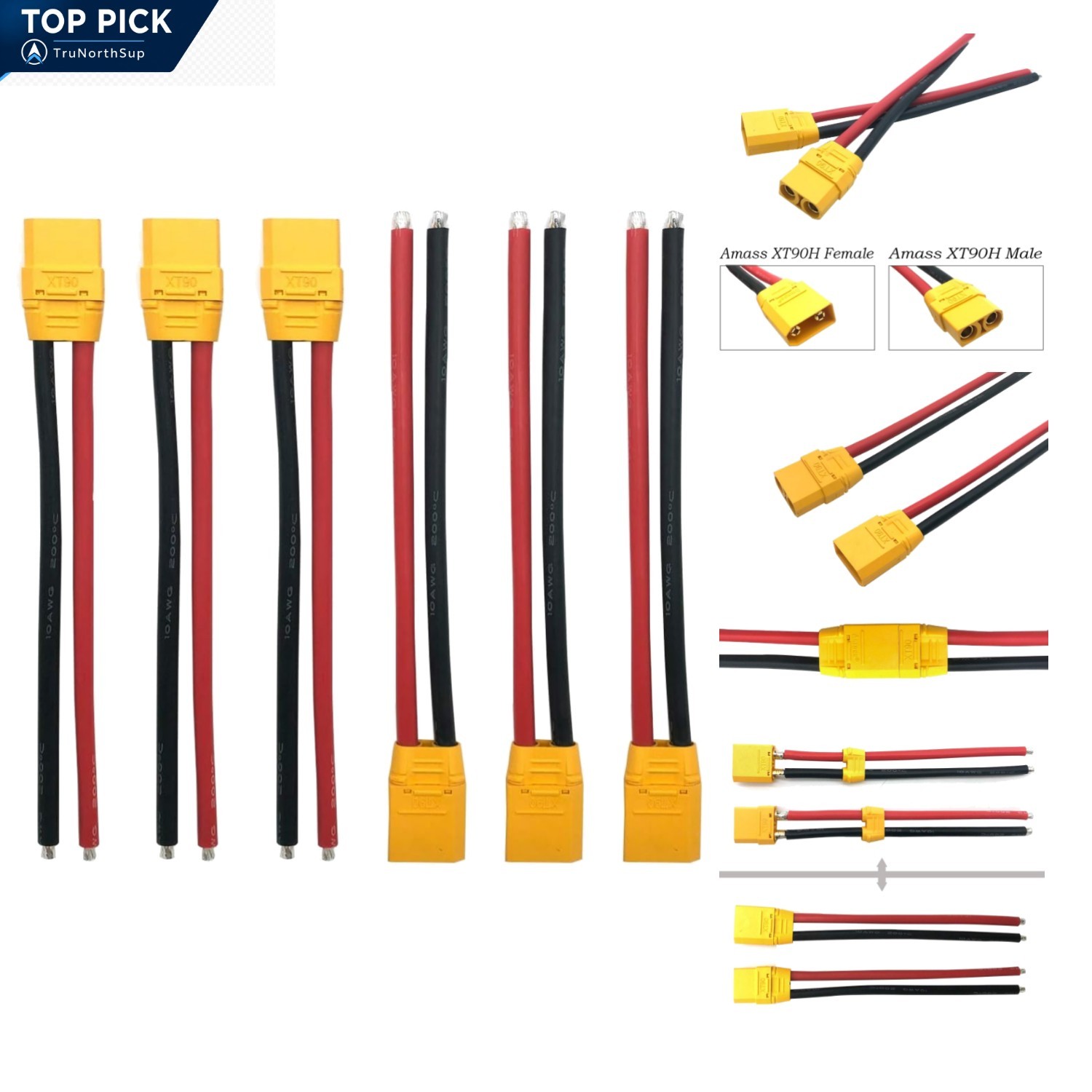 Amass XT90H XT90 Connectors with 150mm 10AWG Silicon Wire 3 Pairs for RC Dron…