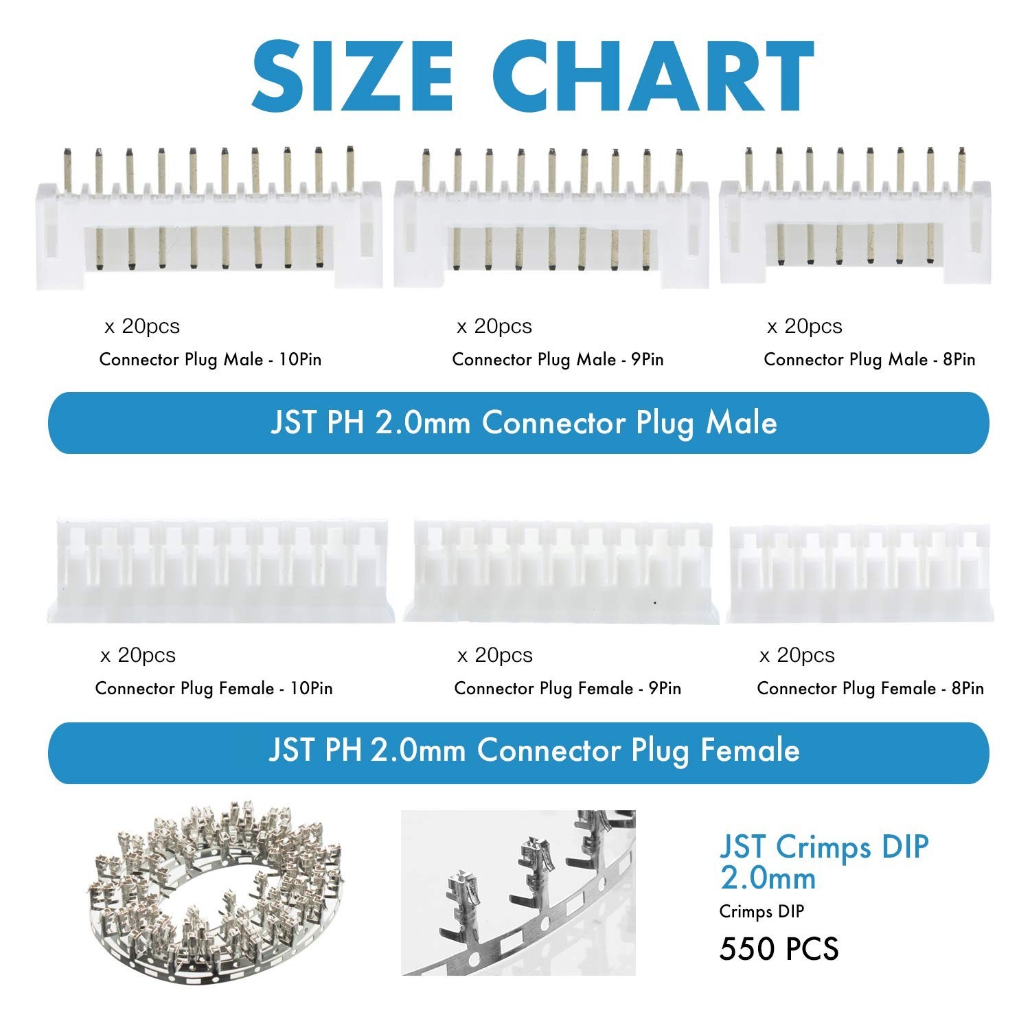 JST PH 2.0mm Kit – 8-Pin/9-Pin/10-Pin Electronic Adapter with IC Male Plugs, …
