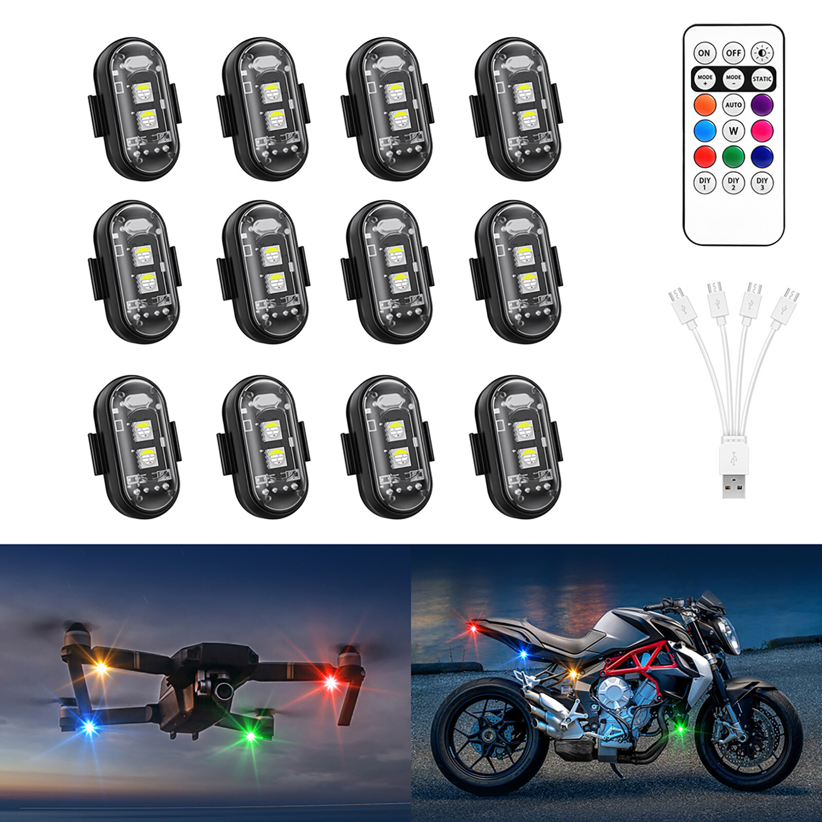 12Pods Wireless RGB Strobe Lights USB Rechargeable Remote Bike/ATV Motor Lights